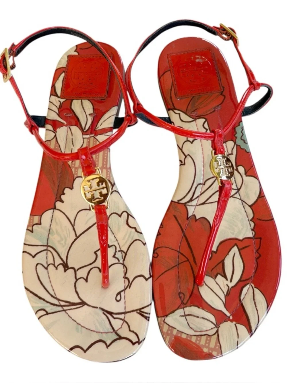 Tory Burch Leather Emmy T-Strap Sandals Floral Size 7.5